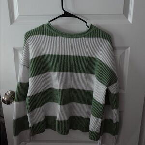 SHEIN Green and White Striped Crew Neck Sweater